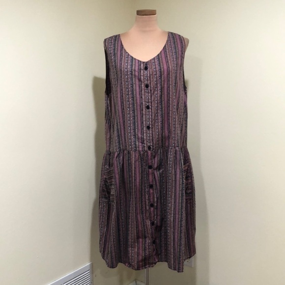 Vintage Midi Drop Waist Dress Size 14 Purple Brown Boho Tribal Print - Picture 2 of 10